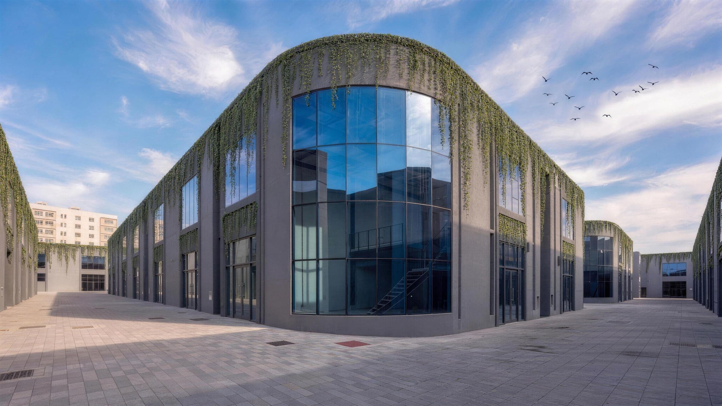 Curved glass corner and planted facades around the paved courtyard at Dubai Fintech District