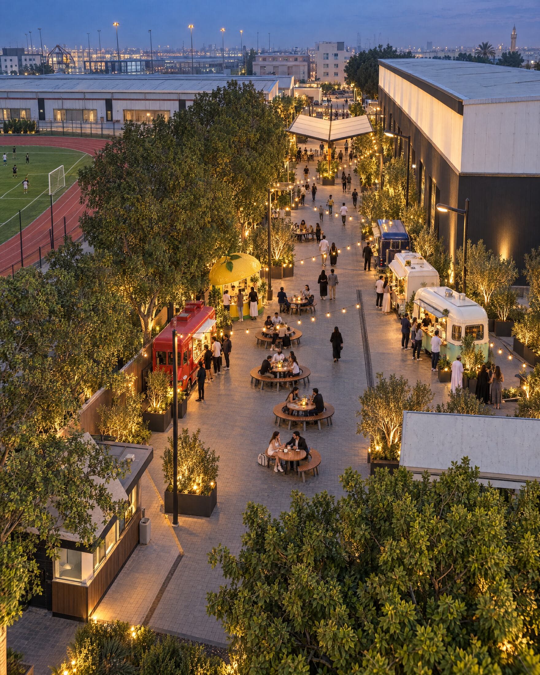 Evening promenade at Dubai Creative Park with food trucks, outdoor seating and string lights